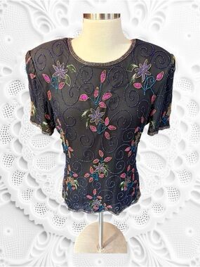 Vintage Papell Boutique Black Short-Sleeve Floral Beaded Blouse 100% Silk